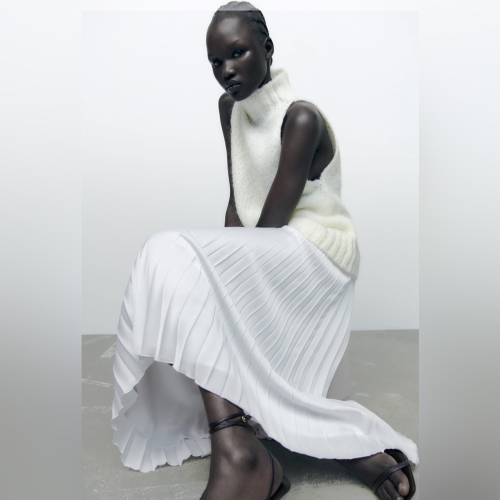 Women pleated silk midi skirt